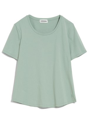 T-shirt uni vert clair à manches courtes avec col rond et petit logo près de l'ourlet inférieur côté droit.