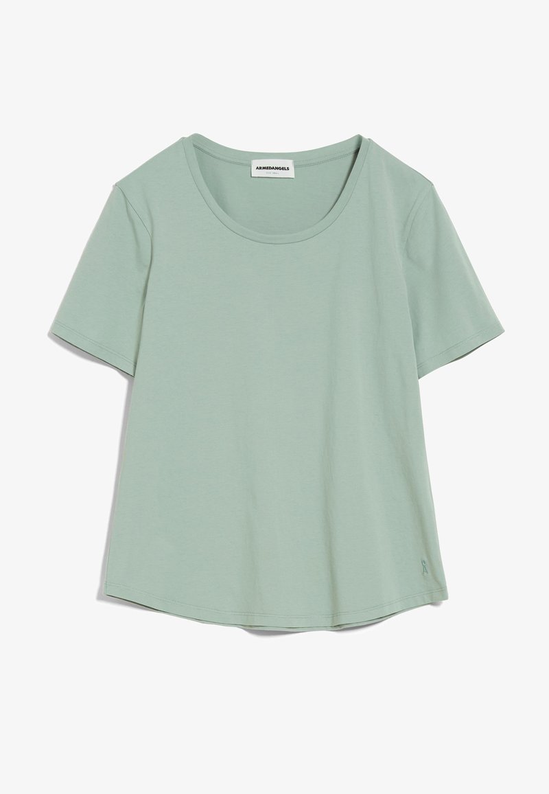 T-shirt uni vert clair à manches courtes avec col rond et petit logo près de l'ourlet inférieur côté droit.