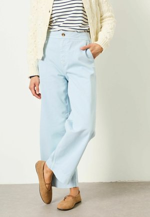 Person trägt hellblaue, weit geschnittene Hosen, gestreiftes Hemd, cremefarbenen Strickcardigan und braune Wildleder-Schuhe mit flachem Absatz, steht mit einer Hand in der Tasche.