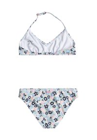 Blommig bikini-set med en vit triangulär bralette och matchande bikiniunderdel. Har blå, rosa och gröna blommönster. Mjuk stoff.