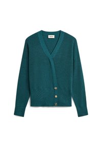 Teal gebreide cardigan met een V-hals, lange mouwen en een rechte zoom. Bevat vijf gouden knopen langs de sluiting aan de voorkant. Zachte textuur.