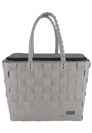 Gray woven tote bag with dual handles, zippered top, and silver metallic accents. Features a textured pattern for added detail.