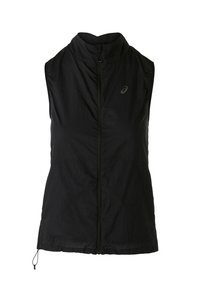 Gilet nero senza maniche realizzato in tessuto leggero, con colletto alto e zip frontale. Coulisse regolabile all'orlo per una vestibilità ottimale.