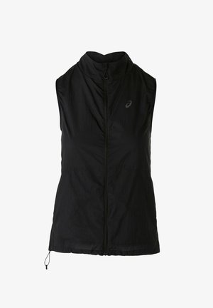 Chaleco sin mangas negro hecho de tela ligera, con un cuello alto y cierre frontal. Cordon ajustable en el dobladillo para un mejor ajuste.