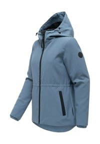 Veste à capuche bleue avec fermeture éclair à l'avant, bordure noire sur les poches, poignets élastiques et patch logo sur la manche gauche.