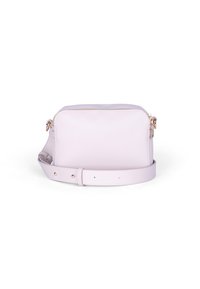 Lys lilla læder crossbody taske med lynlås, rektangulær form, justerbar rem og guldfarvede hardware detaljer.