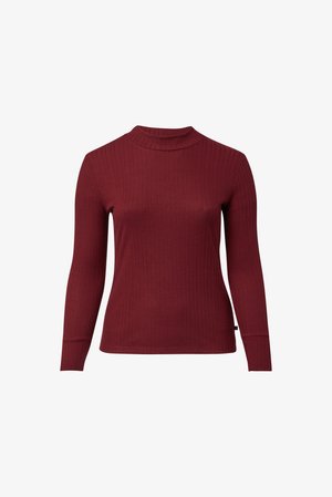 Bordeauxroter, gerippter Langarm-Rollkragenpullover aus weichem Material, mit enger Passform und glatter Textur sowie einem dezenten Markenzeichen am Saum.