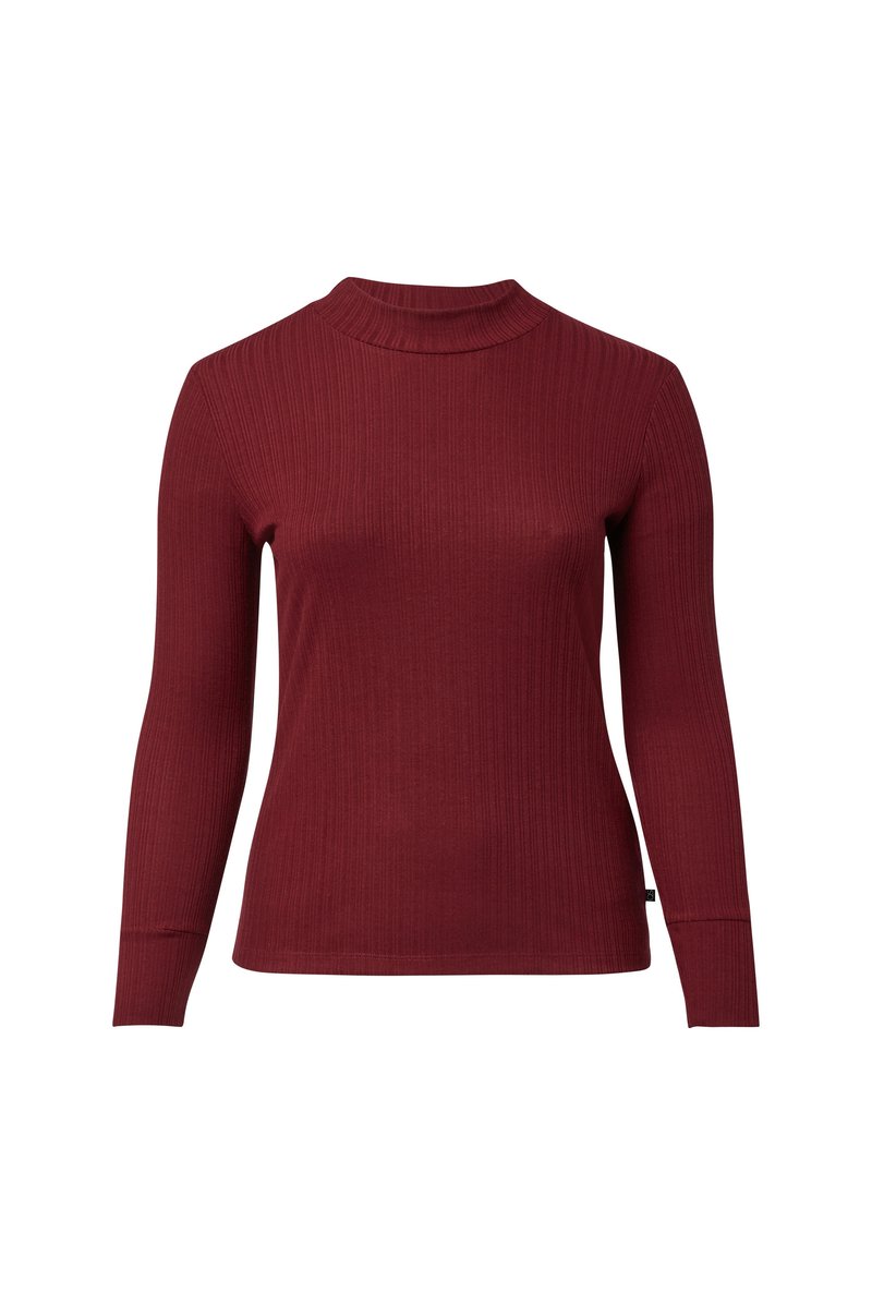 Bordeauxroter, gerippter Langarm-Rollkragenpullover aus weichem Material, mit enger Passform und glatter Textur sowie einem dezenten Markenzeichen am Saum.