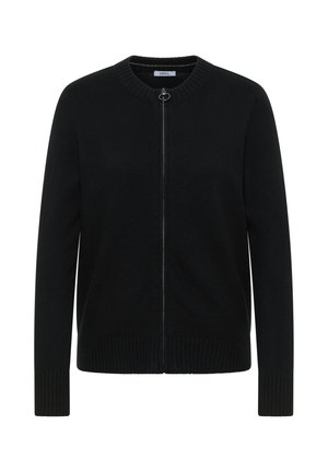 Zwarte cardigan van zachte stof met een ronde halslijn, een rits aan de voorkant en geribde zoom en boorden voor extra textuur.