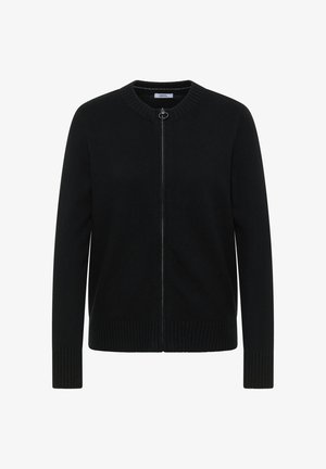 Cardigan noir en tissu doux avec un col rond, fermeture éclair sur le devant et ourlet et poignets côtelés pour plus de texture.