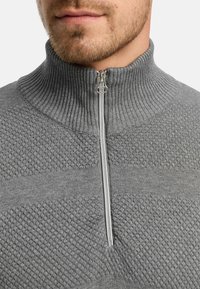 Grå strikkegenser med høy krage og halvlås. Teksturerte mønstre på stoffet med ribbede detaljer ved halsen.