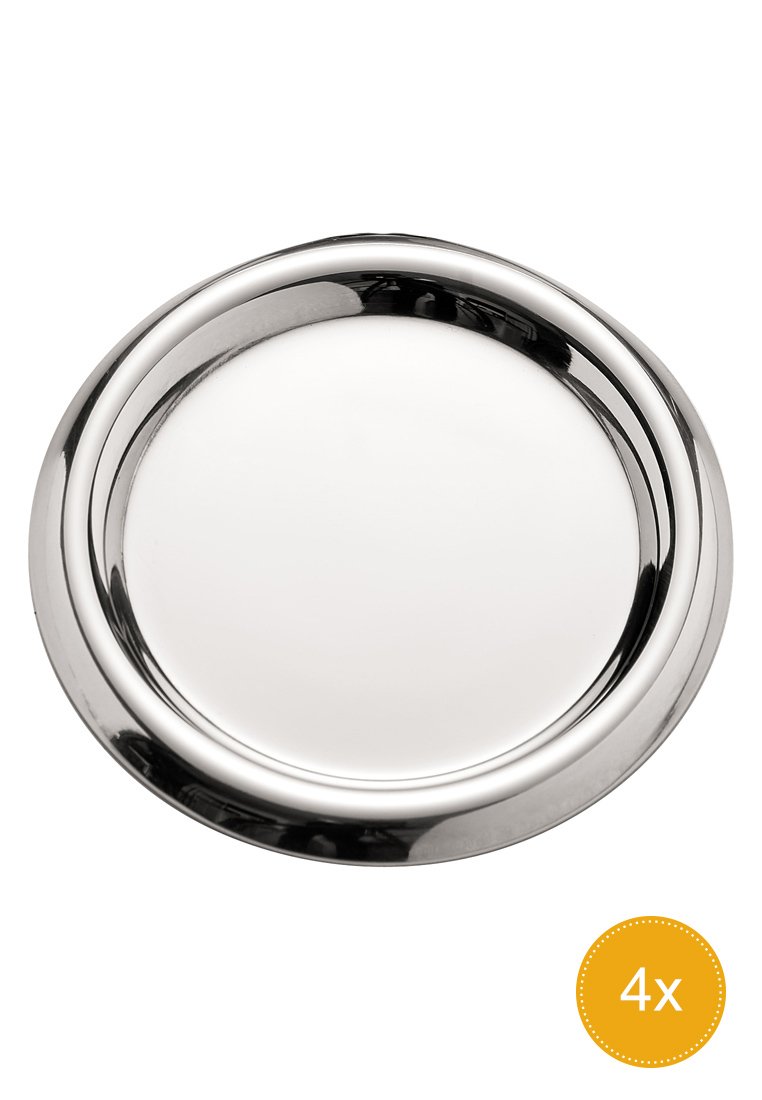 Plateau de service rond en acier inoxydable avec une finition polie et deux anneaux décoratifs en métal autour du bord. Diamètre : environ 30 cm.