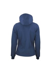 Marineblå hættetrøje med snor i huen, lange ærmer og ribbede manchetter. Glat stoftekstur uden synlige mønstre.