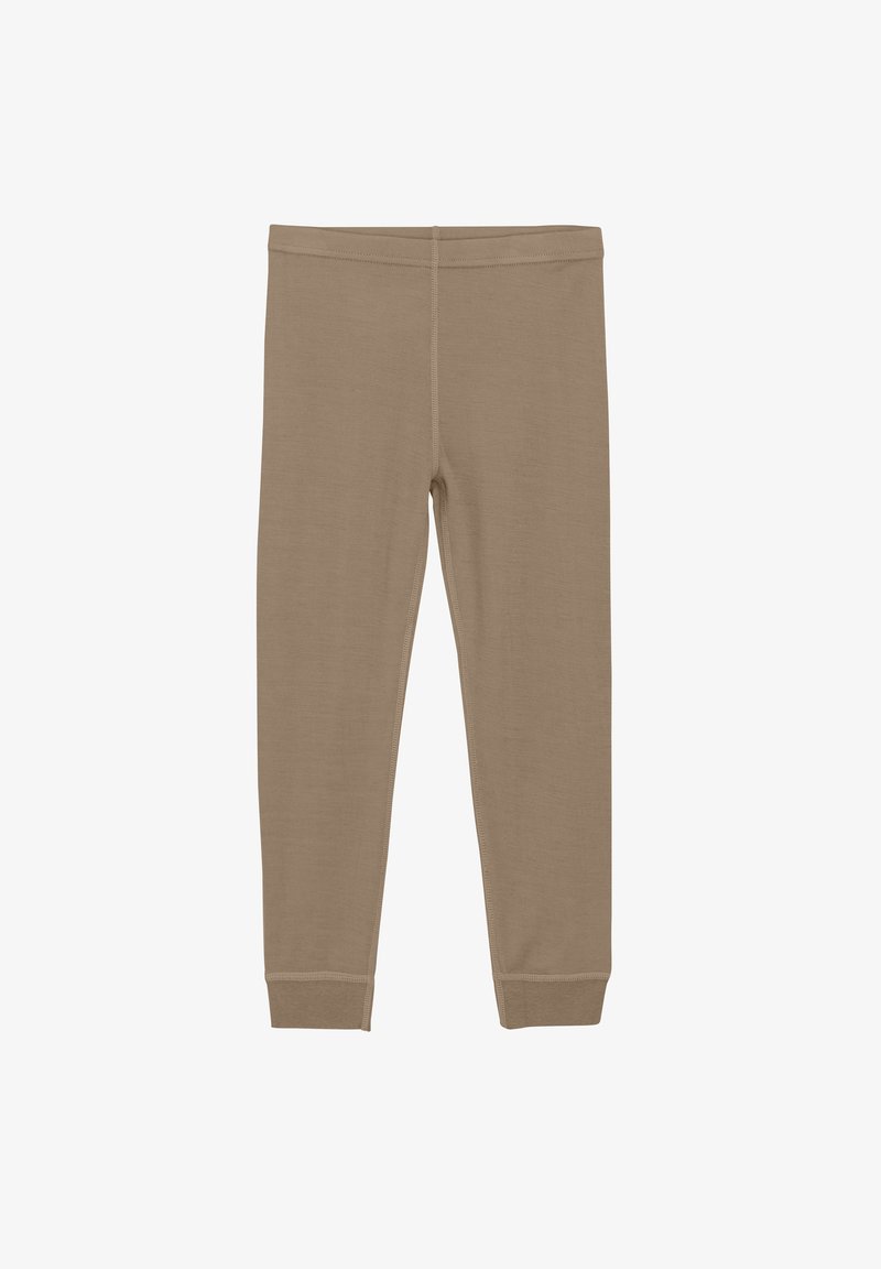 Bruine legging van glad, stretchy materiaal met een aansluitende snit. Heeft een elastische tailleband en omgeslagen zoom.