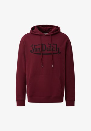 Burgundy hoodie with a front kangaroo pocket and drawstring hood. Features a black logo text on the chest. Soft cotton blend fabric.