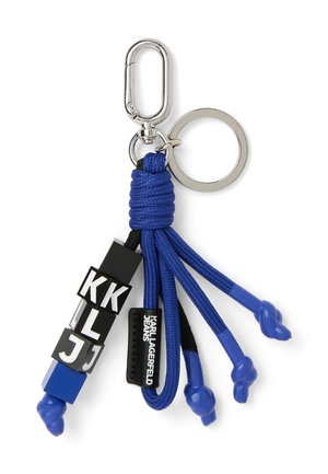Sleutelhanger met blauwe geknoopte koorden, zwart-witte letterkralen, een "Karl Lagerfeld Jeans" label en een zilveren metalen sluiting en ring.