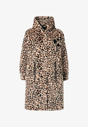 Leopard-print fuzzy coat with a hood, featuring two side pockets, a button front, and a star accent in black on the left side.