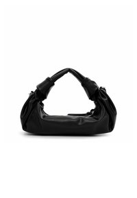 Juodas odinis rankinukas su apvaliu, minkštu siluetu. Yra unikalus rankenos dizainas su susiraukšlėjusiomis detalėmis ir lygiu paviršiumi.