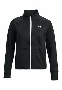 Svart zip-jacka med stående krage. Har vit dragkedja och detaljer, atletisk passform, texturerade ärmar och två framfickor.