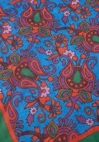 Kleurrijke sjaal met een blauwe achtergrond, versierd met ingewikkelde bloemmotieven in rood, groen, paars en roze, afgewerkt met groene bies.