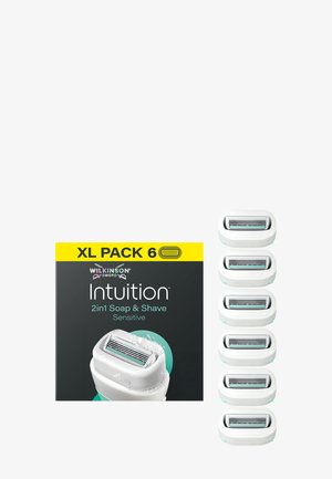 Wilkinson Sword Intuition XL pack of six 2-in-1 soap and shave sensitive razor blade cartridges with foam.
