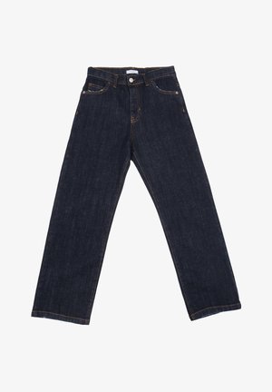 Jeans in denim blu scuro con design a gamba dritta, stile a cinque tasche, cuciture arancioni e chiusura a bottone in vita.