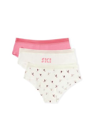 Drei Damenunterwäsche-Sets: einfarbig rosa, weiß mit "SKI"-Logo und weiß mit buntem Skimuster. Weicher Baumwollstoff, mittelhoher Bund.