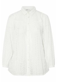 Camicia bianca con bottoni, realizzata in tessuto texturizzato e adornata da motivi simili a pizzo. Presenta un colletto classico e maniche lunghe con polsini arricciati.