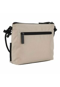 Borsa a tracolla in tessuto beige con superficie testurizzata, tasca con zip nera, tracolla regolabile e bordo inferiore scuro a contrasto.