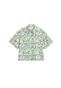 Kurzarmhemd aus einem weichen, leichten Stoff mit weißem Hintergrund und Blumenmuster in Blau- und Grüntönen. Hat einen kragenförmigen Ausschnitt.
