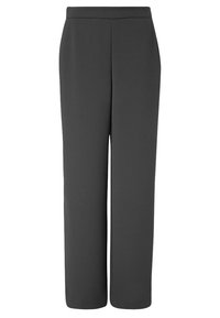 Grijze, wijde broek gemaakt van een gladde stof. Heeft een hoge tailleband, strakke lijnen en geen zichtbare zakken of versieringen.