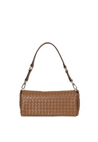 Woven brown leather handbag with a shoulder strap, rectangular shape, and brass hardware accents. Textured finish with crosshatch pattern.