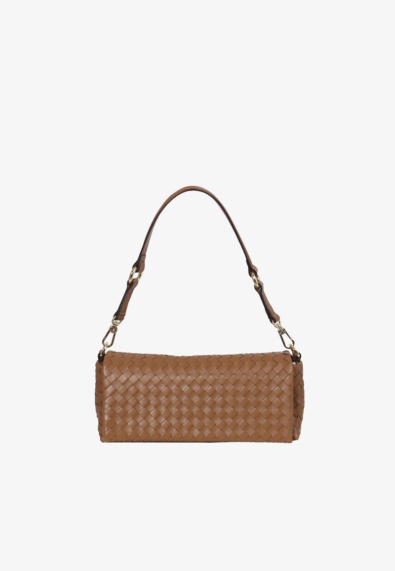 Woven brown leather handbag with a shoulder strap, rectangular shape, and brass hardware accents. Textured finish with crosshatch pattern.