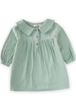 Hellgrünes Baumwollkleid mit Kragen, Knopfverschluss und gerafftem Taillenbereich. Verfügt über lange Puffärmel und einen strukturierten Stoff.