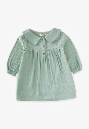 Abito di cotone verde chiaro con colletto, chiusure a bottoni e vita arricciata. Presenta maniche lunghe a sbuffo e tessuto testurizzato.