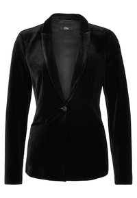 Musta samettitakki, jossa yksittäinen nappikiinnitys, lovetut kaulukset ja kaksi sivutaskua. Pehmeä tekstuuri ja räätälöity istuvuus, jossa sileä vuori.