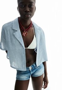 Randig blå och vit t-shirt med kort ärm, vit bikiniöverdel, jeansshorts, halsband av röda pärlor med en blommig hängsmycke. Släta texturer.