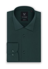 Slim fit ciemnozielona koszula z klasycznym kołnierzykiem, z zapięciem na guziki i kontrastowymi detalami na mankietach. Gładka faktura, starannie złożona.