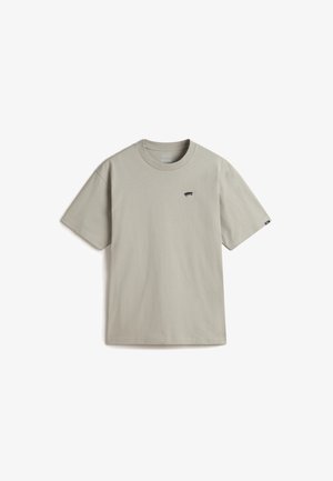 Lichtgrijs T-shirt met korte mouwen en ronde hals, met een kleine zwarte skateboardafbeelding op de linkerborst en een klein label aan de linkermouw.