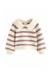 Cremefarvet sweater med maroon striber, en stor ribbet krave og ballonærmer. Lukning med knapper på ryggen. Tekstureret strikmateriale.