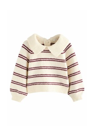 Cremfarbener Pullover mit kastanienbraunen Streifen, einem großen gerippten Kragen und Ballonärmeln. Knopfverschluss hinten. Strukturiertes Strickmaterial.