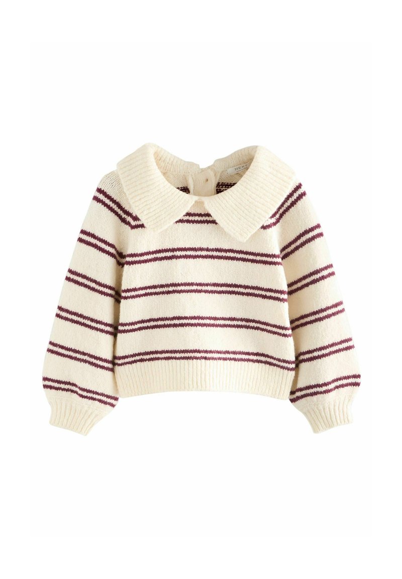 Cremefarvet sweater med maroon striber, en stor ribbet krave og ballonærmer. Lukning med knapper på ryggen. Tekstureret strikmateriale.