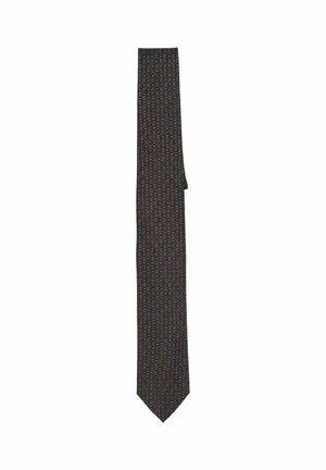 Cravatta marrone scuro con un motivo ripetuto di piccole forme ovali blu e beige distribuite uniformemente sul tessuto.