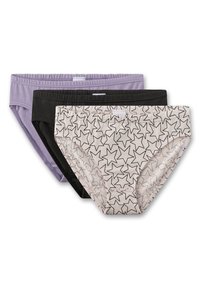 Drei Paar Damenunterwäsche: fliederfarben, schwarz und ein cremefarbener Slip mit einem schwarzen Sternmuster. Weicher Stoff, elastische Bündchen und nahtlose Kanten.