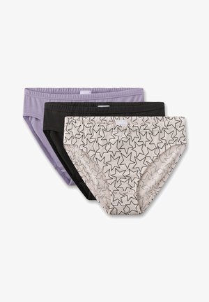 Drei Paar Damenunterwäsche: fliederfarben, schwarz und ein cremefarbener Slip mit einem schwarzen Sternmuster. Weicher Stoff, elastische Bündchen und nahtlose Kanten.