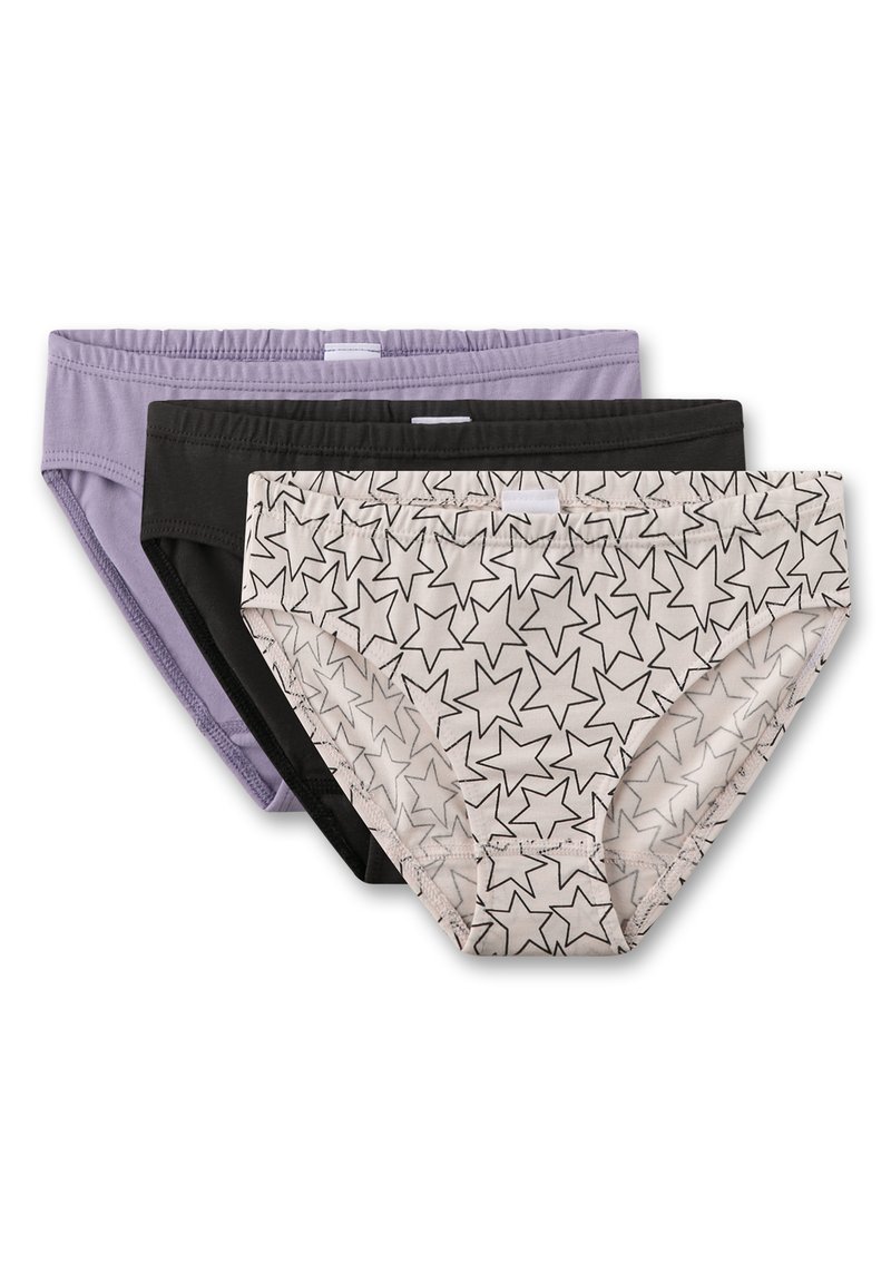 Drei Paar Damenunterwäsche: fliederfarben, schwarz und ein cremefarbener Slip mit einem schwarzen Sternmuster. Weicher Stoff, elastische Bündchen und nahtlose Kanten.