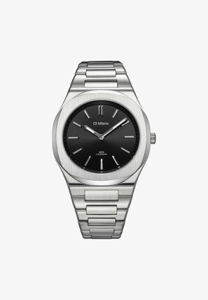 Silberne Armbanduhr aus Edelstahl mit schwarzem Zifferblatt, silbernen Stundenmarkierungen und "DI Milano" Markenzeichen, zeigt die Uhrzeit 10:10 an.