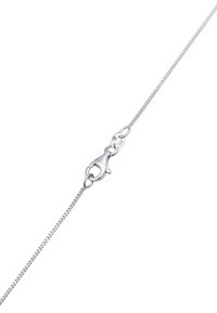 Collar de cadena de metal plateado con cierre de langosta, textura suave y un diseño delicado con un brillo sutil.