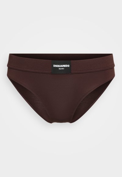 Brown swim briefs with a smooth texture, elastic waistband, and a black logo label stating "DSQUARED2 MILANO." Classic design.