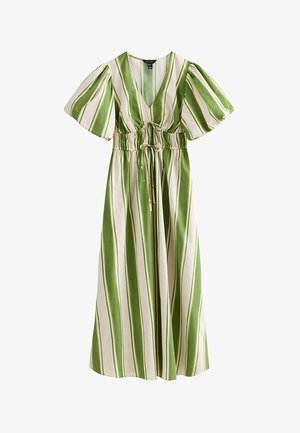 Vestito midi a righe verticali verdi e bianche con maniche a sbuffo, scollo a V e vita regolabile con laccio.